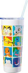 Caneca térmica de aço inoxidável de parede dupla com canudo e estampa de personagens Pokémon da Silver Buffalo, 22 onças