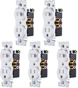Pacote combo de 5 interruptores e tomadas GE, Tomada dupla, 1 interruptor de ligar/desligar, 1 plugue de parede com terra, Monopolar, 3 pinos, 15 Amp, Listado pela UL, Br