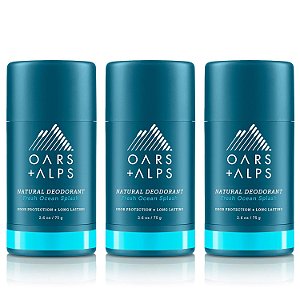 Desodorante livre de alumínio Oars + Alps para homens e mulheres, testado por dermatologistas e feito com ingredientes limpos, tamanho de viagem, Fresh Ocean Splash, 3 pacotes, 2,6 oz cada
