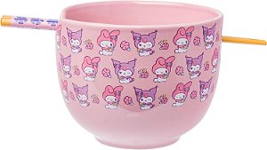 Tigela de Ramen de Cerâmica Silver Buffalo Sanrio My Melody e Kuromi com Padrão Floral Pastel e Hashi, 20 Onças, Roxo/Multi