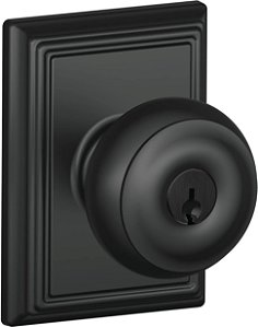 Maçaneta da porta georgiana Schlage F51A GEO 622 ADD com guarnição Addison, fechadura de entrada com chave, preto fosco