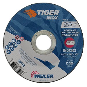 Weiler 58110 Roda de Corte de 4-1/2 Polegadas, Tiger Inox Aço Inoxidável Contaminante Livre de Alto Desempenho de Corte, .045 Tipo 27 INOX60S com Arco de 7