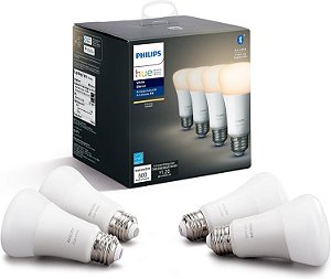 Lâmpada LED Philips Hue Smart 60W A19 - Luz Branca Suave e Quente - Pacote com 4 - 800LM - E26 - para uso interno - Controle com o aplicativo Hue - Funciona com Alexa, Google Assistant e Apple Homekit