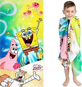 Toalha de praia de algodão super macio Franco Kids, 58 pol x 28 pol, Bob Esponja Calça Quadrada
