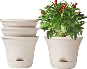 Conjunto de 4 vasos autoirrigáveis T4U 7,5 polegadas com armazenamento de água de longo prazo vaso para plantas de casa, flores, ervas, suculentas decoração de casa (Bege