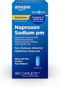 Socorro básico da Amazon para alívio da dor durante a noite, Naproxeno Sódico, 220 mg/Cloridrato de difenidramina, 25 mg comprimidos, alívio da dor/auxílio para dormir