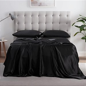 Serta SatinLuxury 3pc Conjunto de lençol de seda sedosa leve com bolso profundo e fronhas, Twin XL, preto