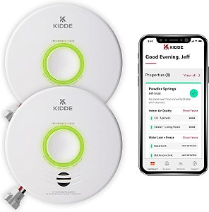 Detector inteligente de fumaça Kidde & monitor de qualidade do ar interno, WiFi, Dispositivo compatível com Alexa, Com fiação e bateria de reserva, Alertas de voz e aplicativo, Pacote com 2 unidades