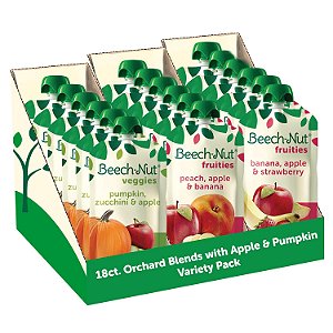 Pacote de Variedade de Comida para Bebês Beech-Nut, Mistura de Pomar com Maçã & Abóbora, sachês de Comida para Bebês de Frutas & Vegetais, 3.5oz (18 pacotes)