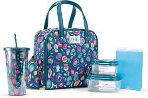 Bolsa Térmica Fit & Fresh Wichita com Bolsa Lateral e Alças de Transporte, Kit Completo de Almoço Inclui Copo Térmico, 2 Recipientes e Bloco de Gelo, Estampa de Leopardo Azul