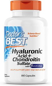 Ácido hialurônico do Doctor's Best com sulfato de condroitina, apresentando colágeno BioCell, não transgênico, livre de glúten, livre de soja, suporte articular, 180 comprimidos (pacote de