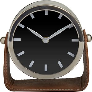 Relógio de Aço Inoxidável Deco 79 com Base de Couro, 6 x 3 x 6, Prateado