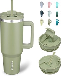 Copos isolados de aço inoxidável de 40 oz com tampa e canudo, copos com alça para mulheres e homens, salva.