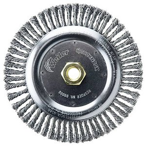 Escova para limpeza de solda de passe de raiz Weiler 09000 Roughneck 7, .020 Preenchimento de fio de aço, 5/8-11 porca Unc, Fabricado nos EUA, 56 nós