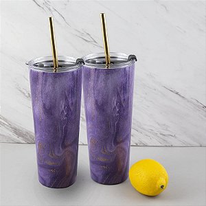 Copos de aço inoxidável com canudo e decalque de geodo roxo em embalagem de 2 unidades, de 24 oz da Cambridge Silversmiths.