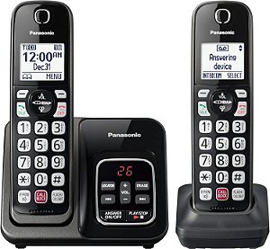 Telefone sem fio Panasonic com máquina de atender, bloqueio de chamadas, identificador de chamadas bilíngue, display de alto contraste, 2 ramais - Preto metálico