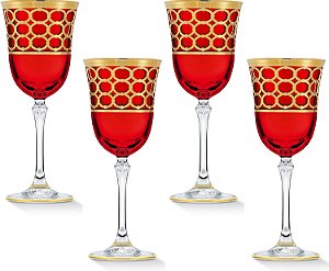 Lorren Home Trends Taça de Vinho Tinto Vermelha Profunda com Anéis Dourados, Conjunto de 4