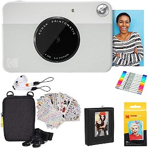 Câmera Instantânea Kodak Printomatic (Cinza) Pacote Presente + Papel Zink (20 folhas) + Estojo Deluxe + 7 conjuntos de adesivos divertidos + Marcadores duplos + Álbum de fotos.