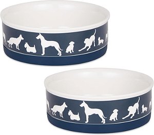 Conjunto de tigelas de comida e água para cães de cerâmica Bone Dry, fundo removível antiderrapante, seguro para micro-ondas e lava-louças, médio, 6x2, azul marinho, conjunto de