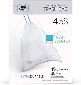 Sacolas de lixo para cozinha de 12-13 galões da Home Zone Living com alças e cordão, design resistente personalizado para latas de lixo de cozinha padrão de 45 a 50 litros, código 45S, 60 unidades.