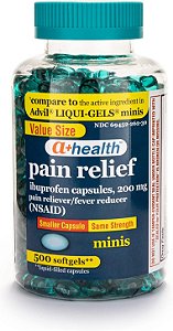 A+Health Mini Ibuprofeno 200 Mg Cápsulas Gelatinosas, Alívio da Dor/Redutor de Febre (NSAID), Fabricado nos EUA, 500 Unidades