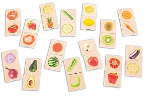 Jogo de correspondência de frutas e vegetais de madeira TickiT - Conjunto de 28 - Fotos reais - Quebra-cabeça de identificação e cognição de alimentos para crianças pequenas.