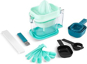 Conjunto de medição Dash SmartStore™ com espremedor de citrinos, 6 colheres de medição, 4 xícaras de medição, copo de medição líquida, zester de citrinos, funil, nivelador