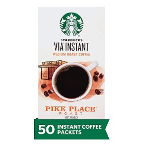 Café Instantâneo Starbucks VIA - Café Torrado Médio - Torra Pike Place - 100% Arábica - 1 caixa (50 pacotes)