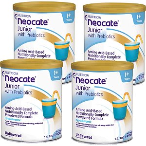 Neocate Junior - Fórmula hipoalergênica à base de aminoácidos em pó para crianças pequenas e júnior - Sem sabor - lata de 14,1 onças (pacote com 4 unidades)