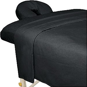 Conjunto de 3 peças de lençóis de flanela premium ForPro para mesas de massagem, inclui lençol plano, lençol ajustado e capa ajustada para apoio facial, preto.