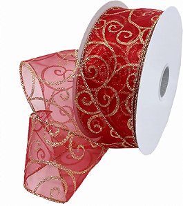 Fita Morex 7416.60/50-934 Swirl 2.5 X 50 YD Nylon Sheer Curling Wired Glitter, Vermelho/Dourado, Fitas de Natal para Artesanato e Decorações de Natal, Fita de Natal