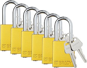 Conjunto de cadeados de segurança Brady - 6 unidades - Amarelo - Cadeados de segurança com chave igual - 2 chaves por cadeado - SDAL-YLW-38ST-KA6