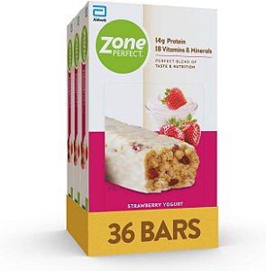 Barras de Proteína ZonePerfect, 18 vitaminas e minerais, 14g de proteína, Barra de Lanche Nutritivo, Morango com Iogurte, 36 Barras