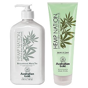 Australian Gold Hemp Nation Eucalyptus & White Tea Bundle - Loção Corporal Prolongadora de Bronzeado (18 FL Oz) e Esfoliante Corporal Agave & Lime (8 FL Oz), Reparo da Barreira da Pele, Óleo de S