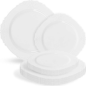 Pratos Brancos em Alto Relevo Blue Sky Victorian - 7,5 e 10,25 em Plástico Descartável (32 Unidades) | Design Elegante para Festas e Eventos