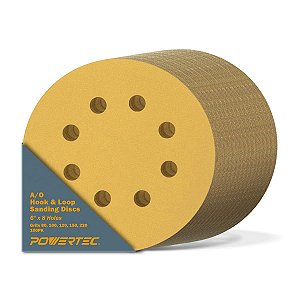 Disco de lixamento POWERTEC 44201XG-100V, 100 unidades, 6x 8 furos, A/O Hook & Loop | 80, 100, 120, 150, 220 Granulações variadas, Dourado