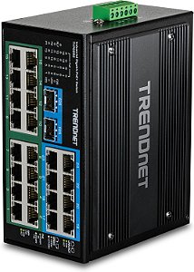 Chave industrial não gerenciada Trendnet de 26 portas resistente com trilho DIN Gigabit, TI-PG262, 16 portas Gigabit PoE +, 8 portas Gigabit RJ-45, 2 portas SFP, IP30, prote
