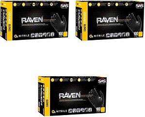 Luva descartável de nitrilo sem pó Raven SAS Safety 66517, média, espessura de 6 mil (embalagem com 100 unidades) - pacote com 3, preta.