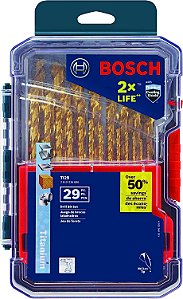 Conjunto sortido de 29 peças de brocas de metal revestidas com nitreto de titânio BOSCH TI29, com estojo incluso com haste tripla para aplicações em aço de alto calibre, metal de baixo calibre e made