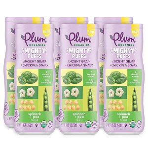 Petiscos Orgânicos Mighty Puffs para Bebês - Sabor Espinafre & Ervilha - (Pacote com 6) 52g - Petiscos de Grãos Antigos e Grão-de-bico