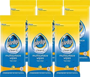 Lencos umedecidos Pledge Multi-Surface para polir móveis, funciona em madeira, granito e couro, limpa e protege, citros frescos - Pacote com 6 (total de 150 lenços)