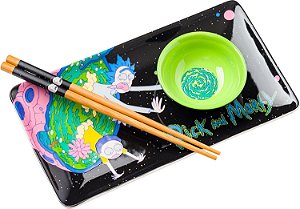 Conjunto de Sushi de Cerâmica de 3 peças Rick and Morty Pink Planet Portal em Caixa da Silver Buffalo, 5.75x9.65x2