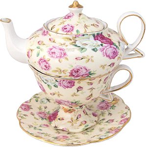 Porcelana de 4 peças Gracie China por Coastline Imports para Chá para um, Chaleira Empilhada, Xícara e Pires, Estampa de Rosas Cottage Cream Chintz