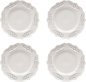 Gracie China, Coleção Rosa Vitoriana, Prato de Sobremesa de 8 polegadas, Porcelana Fina Branca, Conjunto de 4