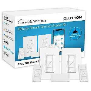 Interruptor de Dimmer Inteligente Lutron Caseta Deluxe (Kit com 2) com Caseta Smart Hub | Funciona com Alexa, Apple Home, Ring, Google Assistant | P-BDG-PKG2W-A | Branco