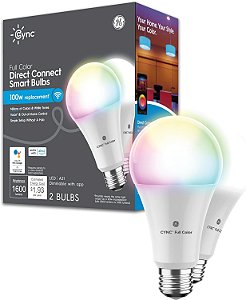 Lâmpadas LED Inteligentes GE CYNC A21, Mudança de Cor Estética para Decoração de Ambientes, Luzes WiFi, Lâmpada LED Interna, Funciona com Amazon Alexa e Google (Pacote com 2)