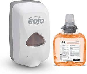 Kit Inicial de Sabonete Líquido Antibacteriano Espuma Premium Gojo, Fragrância de Frutas Frescas, 1 Refil de 1200 mL + 1 Dispensador de Sabonete sem Toque TFX Cinza Dove - 5362