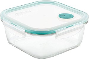 Recipiente de armazenamento de alimentos de vidro LOCK & LOCK Purely Better com tampa de ventilação a vapor, Quadrado-47 oz, Transparente.