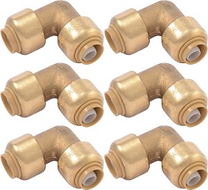 Adaptador de Tubo de Latão SharkBite 3/8 Polegadas (1/2 Polegada OD) - 90 Graus, Pacote com 6, Conexão Rápida, para Tubos PEX, Cobre, CPVC,
