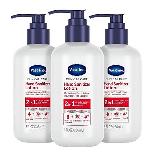 Loção Higienizante e Hidratante para as Mãos Vaseline 2 em 1 Cuidado Hidratante para a Pele com 3 Unidades Hidrata e Elimina Bactérias com Vitamina E 8 oz